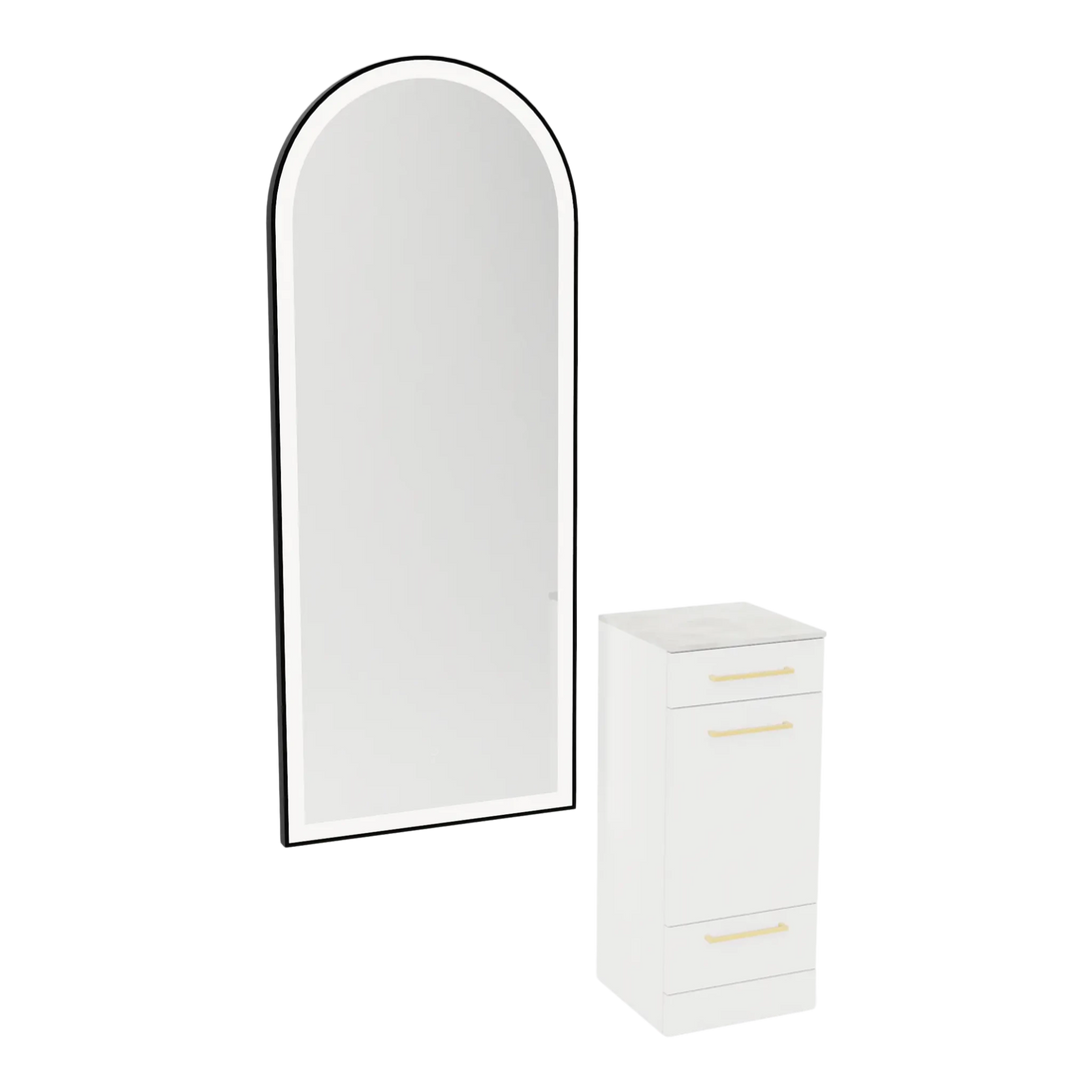 Rococo Mobile Styling Station with Tilt-out Appliance Holder, Solid Surface Countertop, and Black Full-Length Arch Paloma Mirror - Kaemark