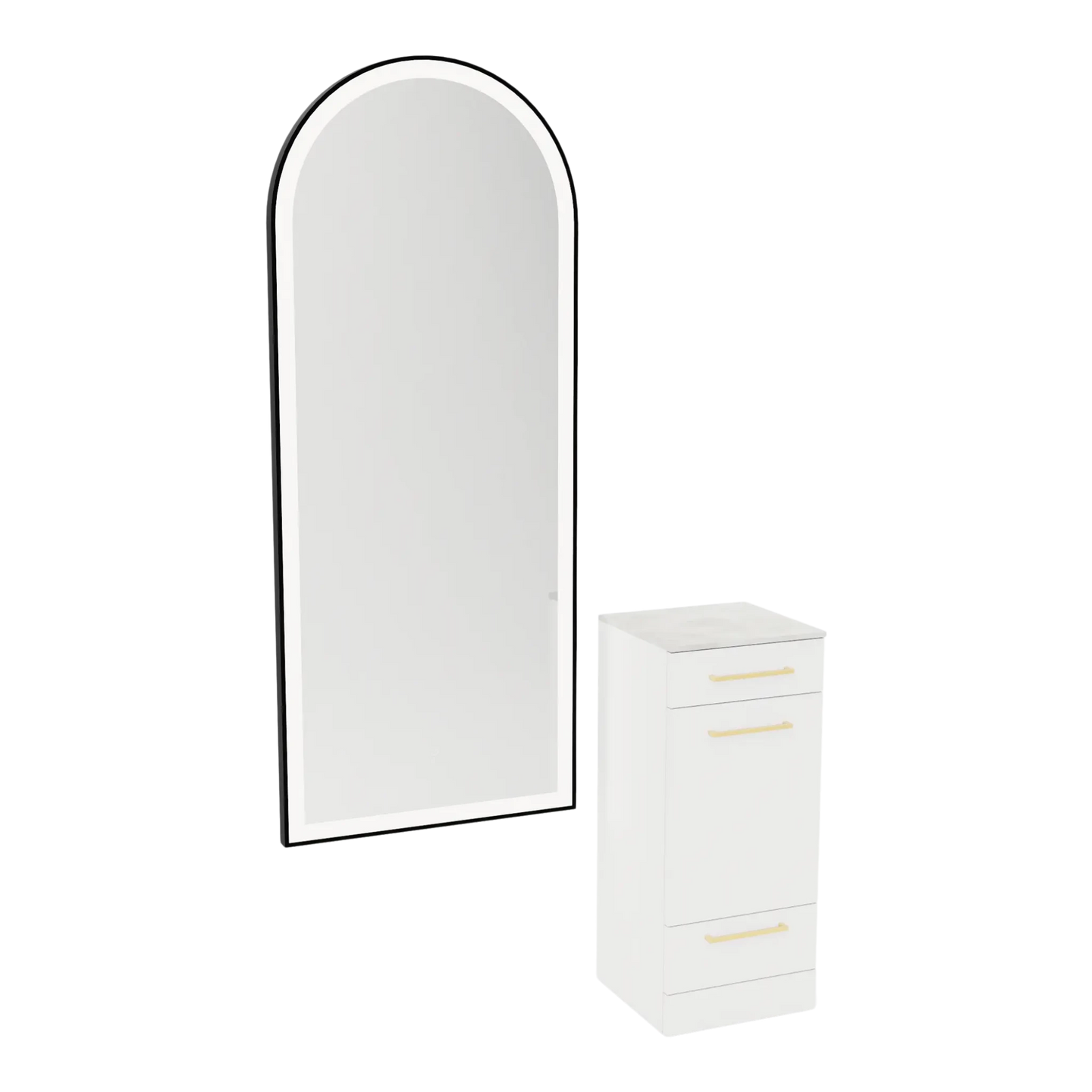 Rococo Mobile Styling Station with Tilt-out Appliance Holder, Solid Surface Countertop, and Black Full-Length Arch Paloma Mirror - Kaemark