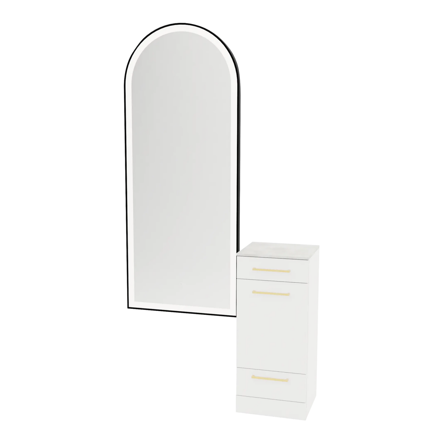 Rococo Mobile Styling Station with Tilt-out Appliance Holder, Solid Surface Countertop, and Black Full-Length Arch Paloma Mirror - Kaemark