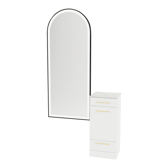 Rococo Mobile Styling Station with Tilt-out Appliance Holder, Solid Surface Countertop, and Black Full-Length Arch Paloma Mirror - Kaemark