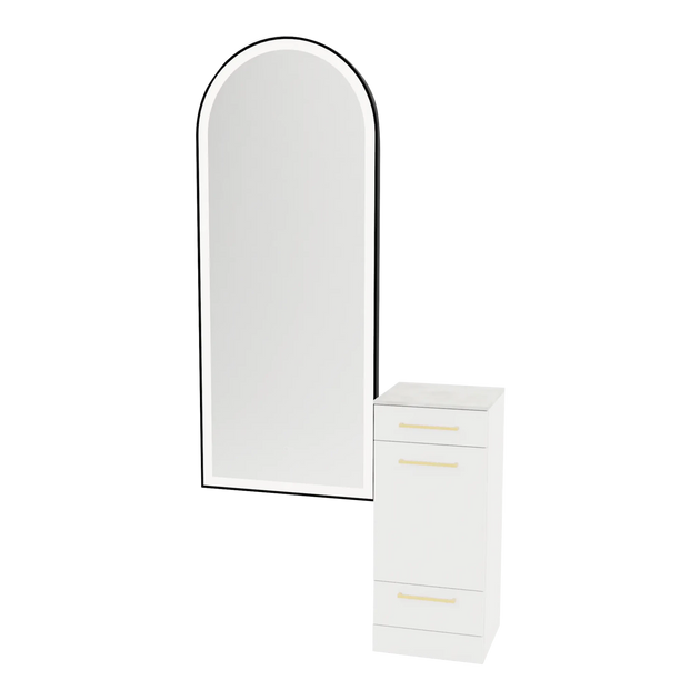 Rococo Mobile Styling Station with Tilt-out Appliance Holder, Solid Surface Countertop, and Black Full-Length Arch Paloma Mirror - Kaemark