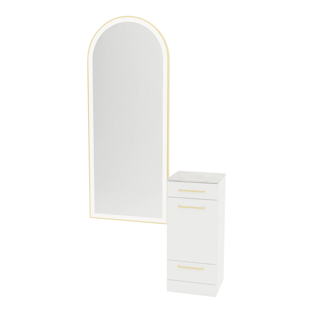 Rococo Mobile Styling Station with Tilt-out Appliance Holder, Solid Surface Countertop, and Gold Full-Length Arch Paloma Mirror - Kaemark
