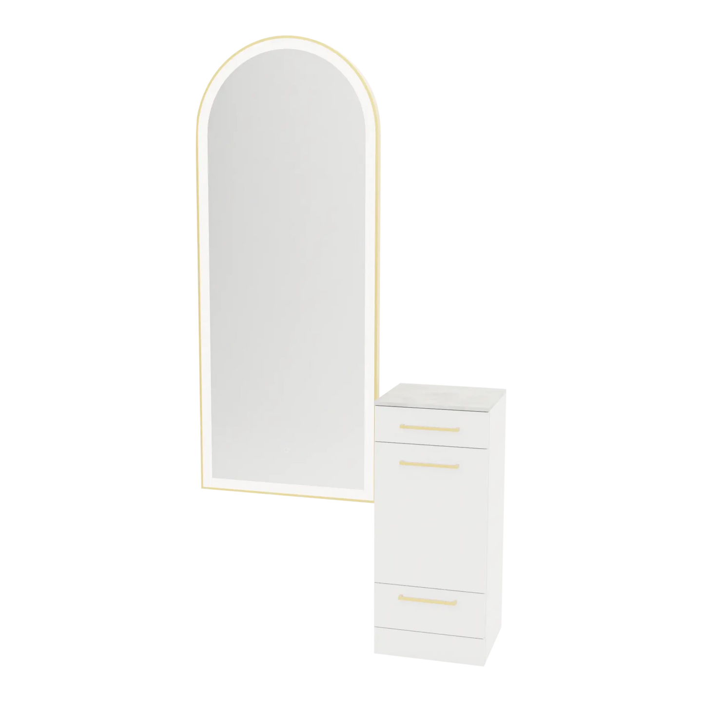 Rococo Mobile Styling Station with Tilt-out Appliance Holder, Solid Surface Countertop, and Gold Full-Length Arch Paloma Mirror - Kaemark