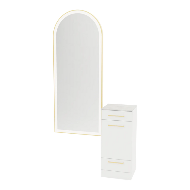 Rococo Mobile Styling Station with Tilt-out Appliance Holder, Solid Surface Countertop, and Gold Full-Length Arch Paloma Mirror - Kaemark