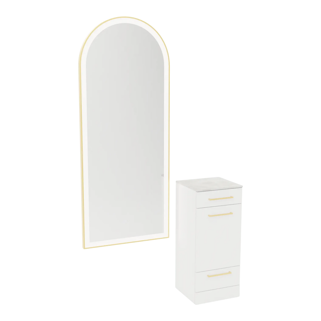 Rococo Mobile Styling Station with Tilt-out Appliance Holder, Solid Surface Countertop, and Gold Full-Length Arch Paloma Mirror - Kaemark