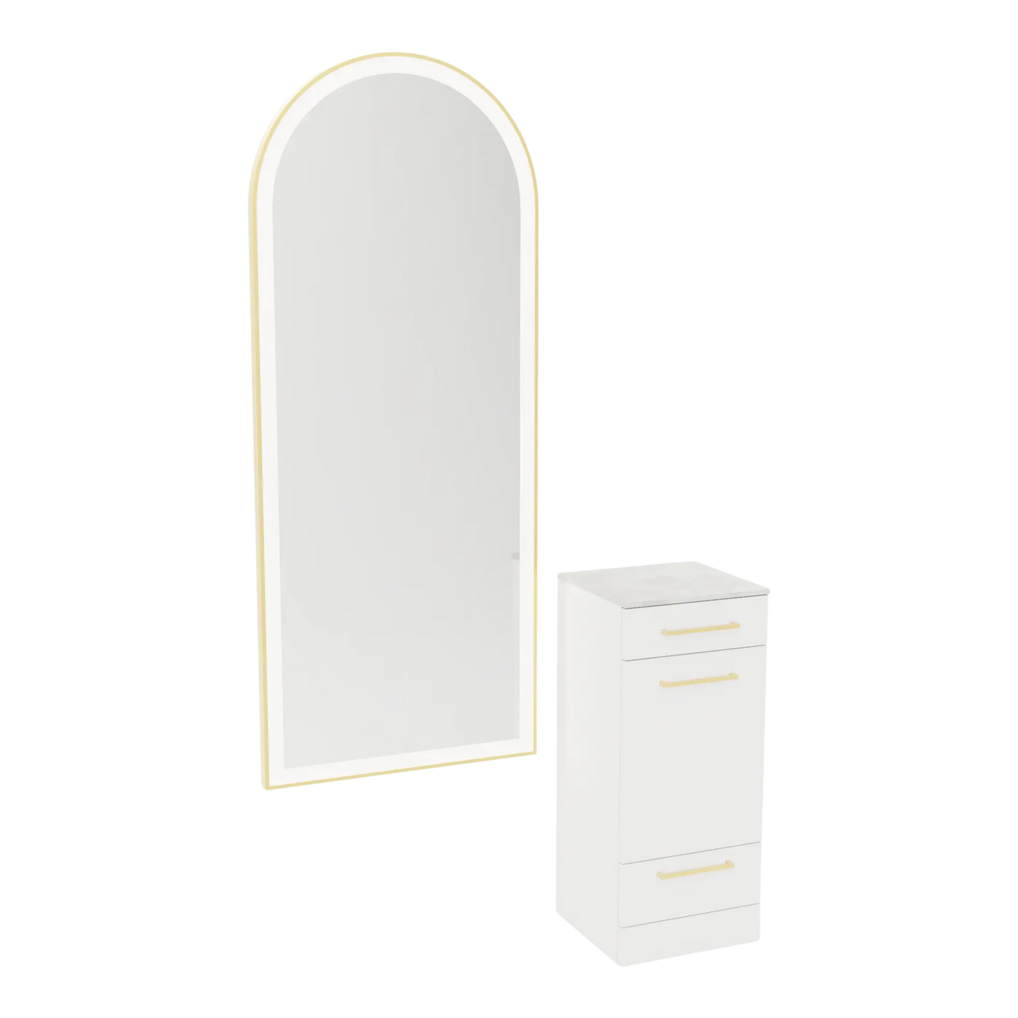 Rococo Mobile Styling Station with Tilt-out Appliance Holder, Solid Surface Countertop, and Gold Full-Length Arch Paloma Mirror - Kaemark