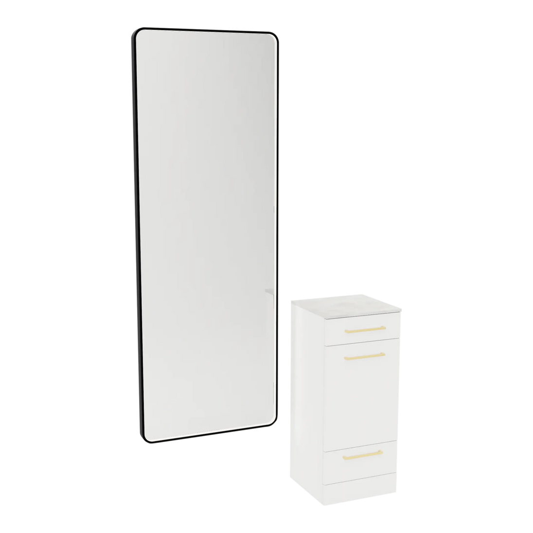 Rococo Mobile Styling Station with Tilt-out Appliance Holder, Solid Surface Countertop, and Black Full-Length Rectangle Westin Mirror - Kaemark
