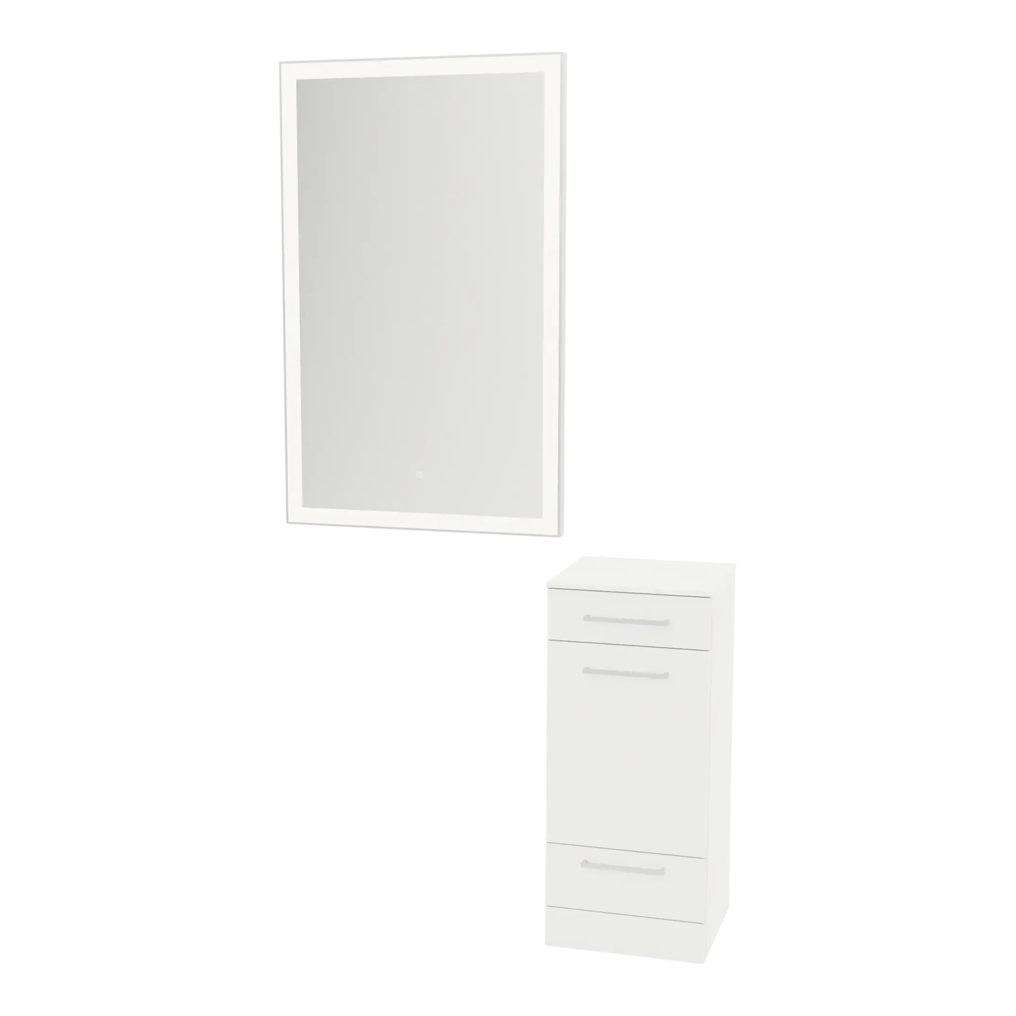Rococo Mobile Styling Station with Tilt-out Appliance Holder, Solid Surface Countertop, and Silver Rectangle Glo Mirror - Kaemark