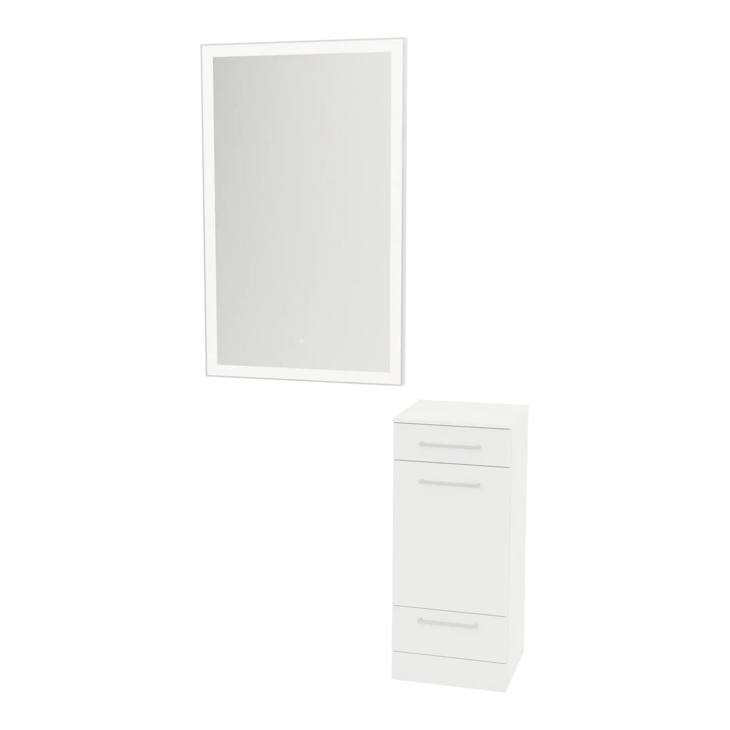 Rococo Mobile Styling Station with Tilt-out Appliance Holder, Solid Surface Countertop, and Silver Rectangle Glo Mirror - Kaemark