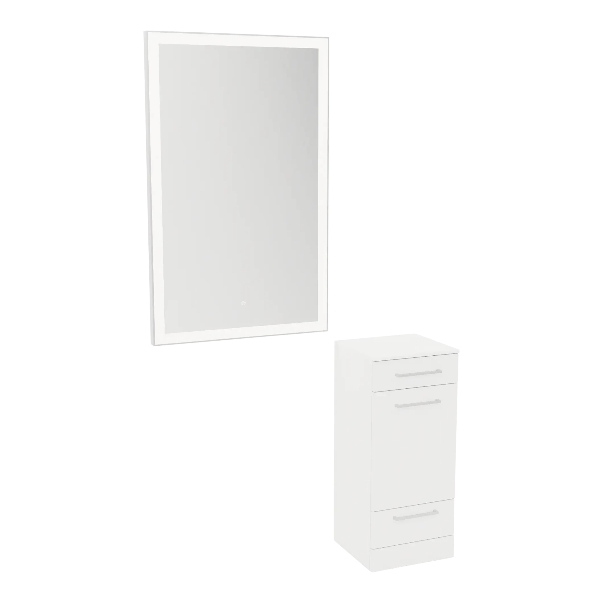 Rococo Mobile Styling Station with Tilt-out Appliance Holder, Solid Surface Countertop, and Silver Rectangle Glo Mirror - Kaemark