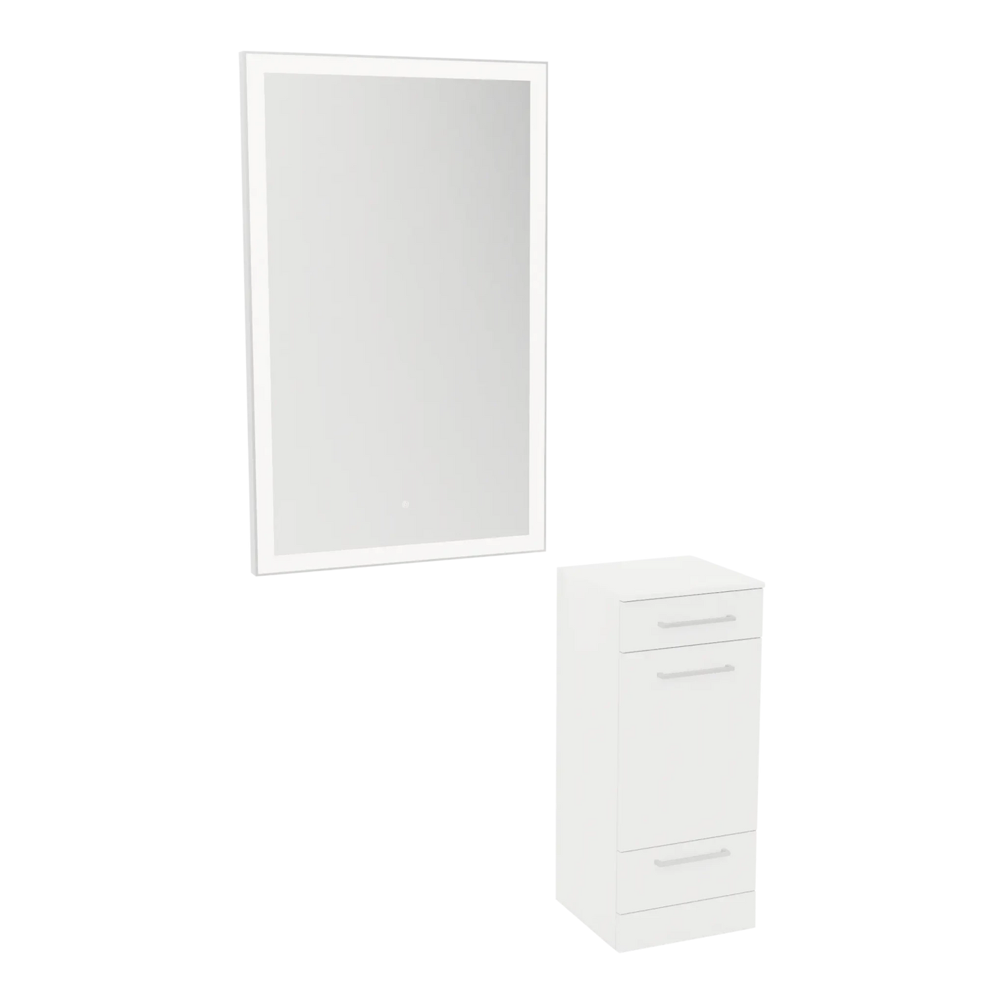 Rococo Mobile Styling Station with Tilt-out Appliance Holder, Solid Surface Countertop, and Silver Rectangle Glo Mirror - Kaemark