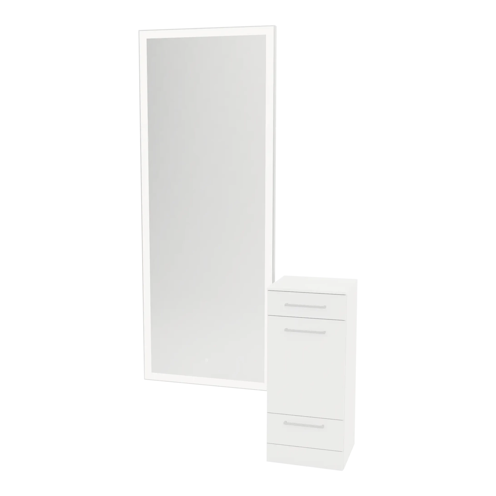 Rococo Mobile Styling Station with Tilt-out Appliance Holder, Solid Surface Countertop, and Silver Full-Length Rectangle Glo Mirror - Kaemark