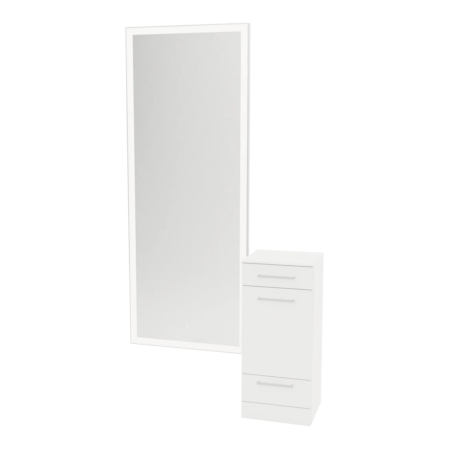 Rococo Mobile Styling Station with Tilt-out Appliance Holder, Solid Surface Countertop, and Silver Full-Length Rectangle Glo Mirror - Kaemark