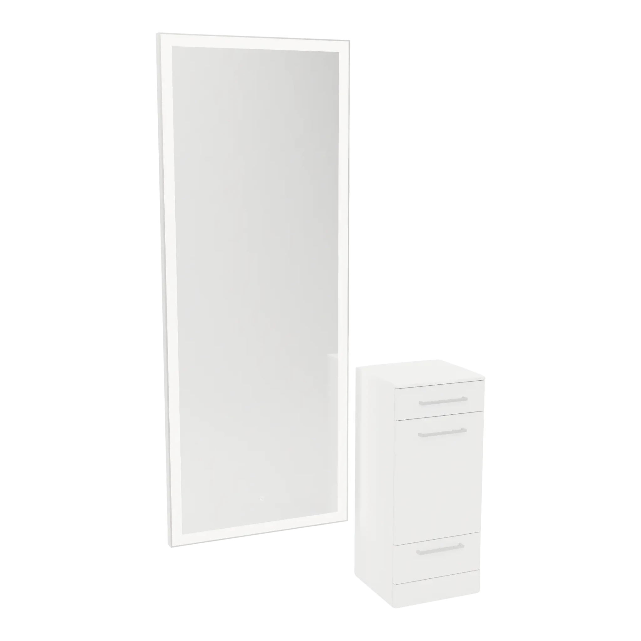 Rococo Mobile Styling Station with Tilt-out Appliance Holder, Solid Surface Countertop, and Silver Full-Length Rectangle Glo Mirror - Kaemark