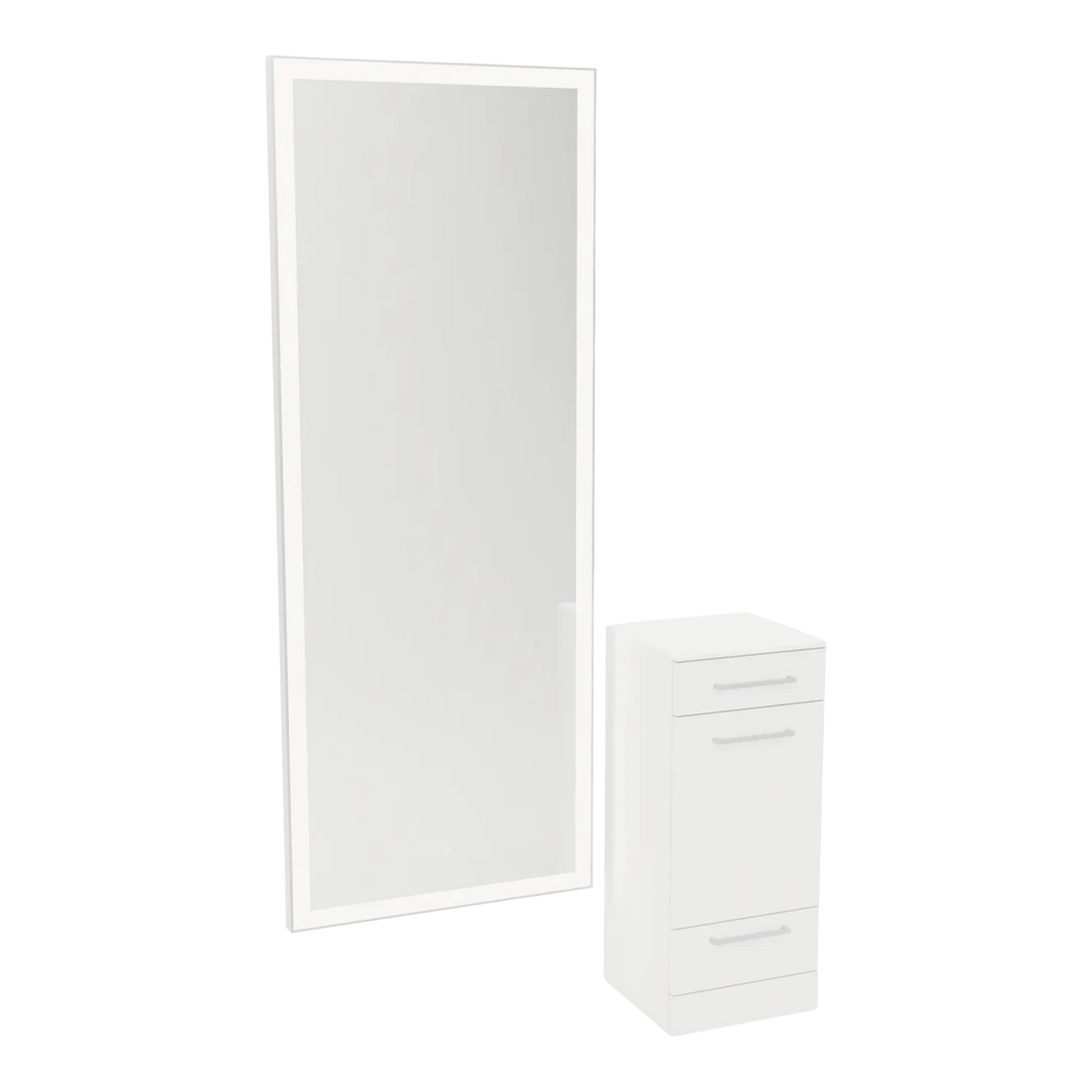 Rococo Mobile Styling Station with Tilt-out Appliance Holder, Solid Surface Countertop, and Silver Full-Length Rectangle Glo Mirror - Kaemark