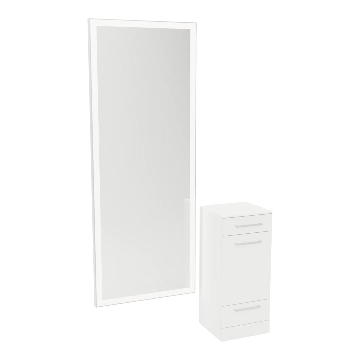 Rococo Mobile Styling Station with Tilt-out Appliance Holder, Solid Surface Countertop, and Silver Full-Length Rectangle Glo Mirror - Kaemark