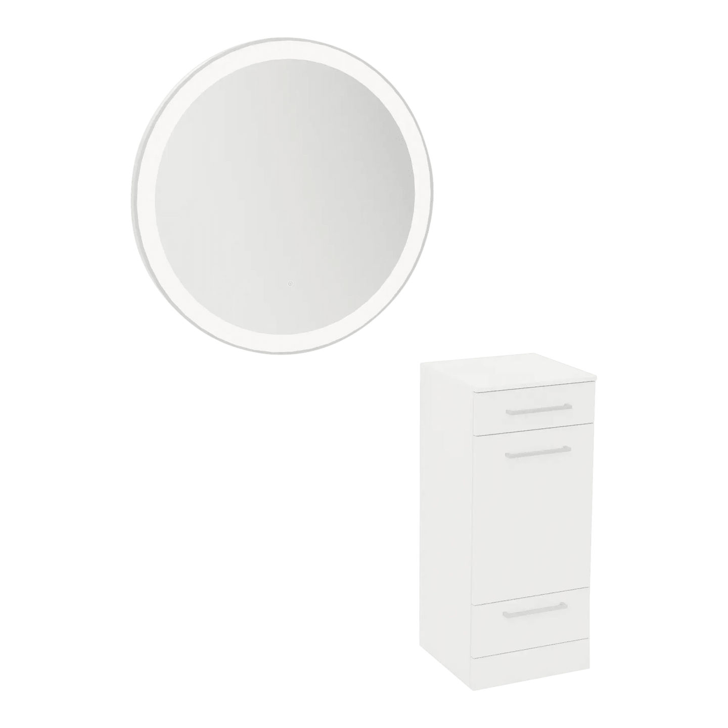 Rococo Mobile Styling Station with Tilt-out Appliance Holder, Solid Surface Countertop, and Silver Round Glo Mirror - Kaemark