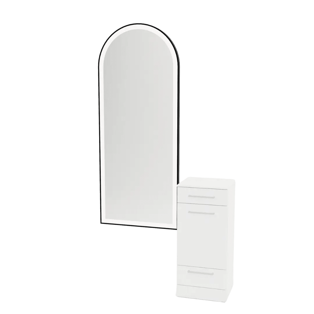 Rococo Mobile Styling Station with Tilt-out Appliance Holder, Solid Surface Countertop, and Black Full-Length Arch Paloma Mirror - Kaemark