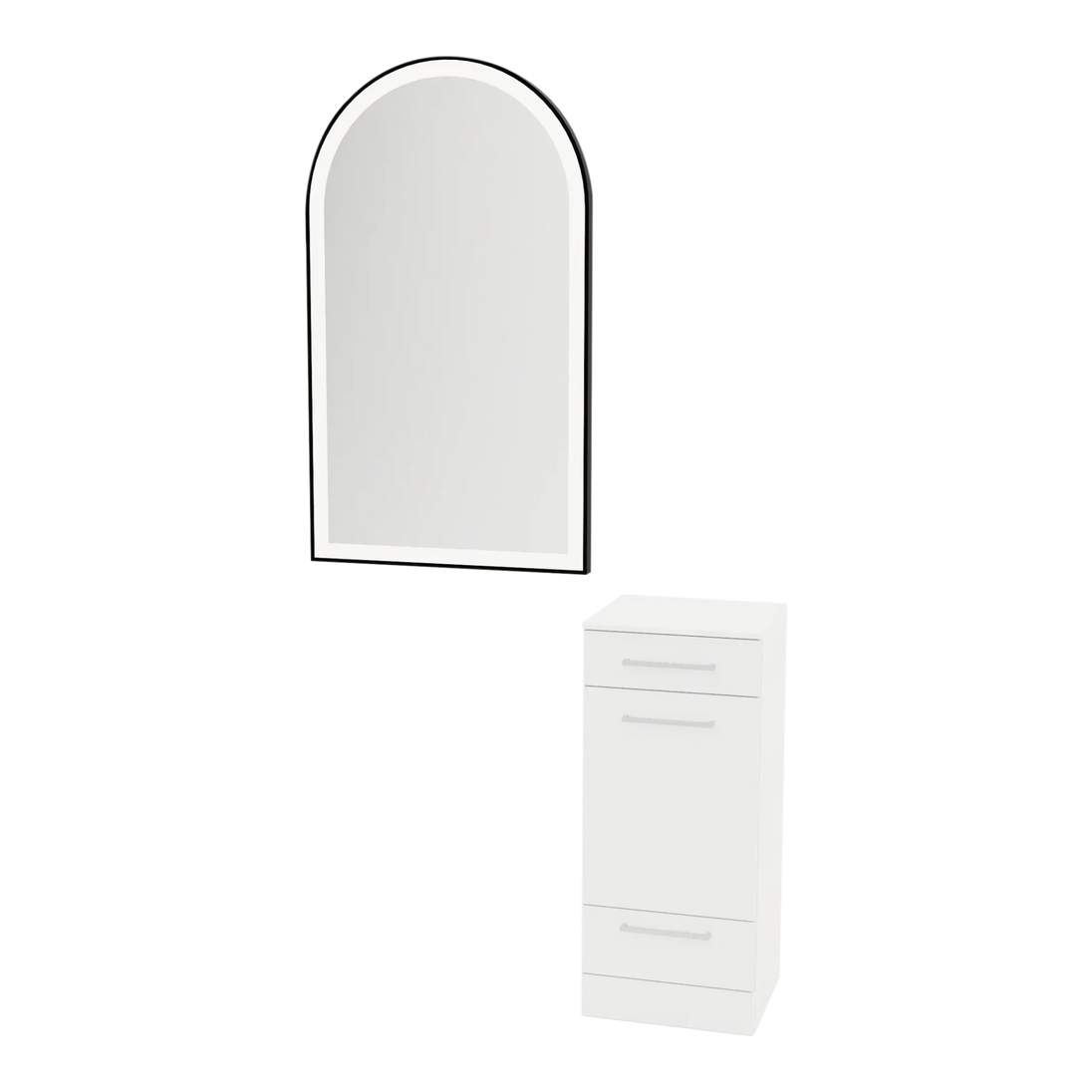 Rococo Mobile Styling Station with Tilt-out Appliance Holder, Solid Surface Countertop, and Black Arch Paloma Mirror - Kaemark