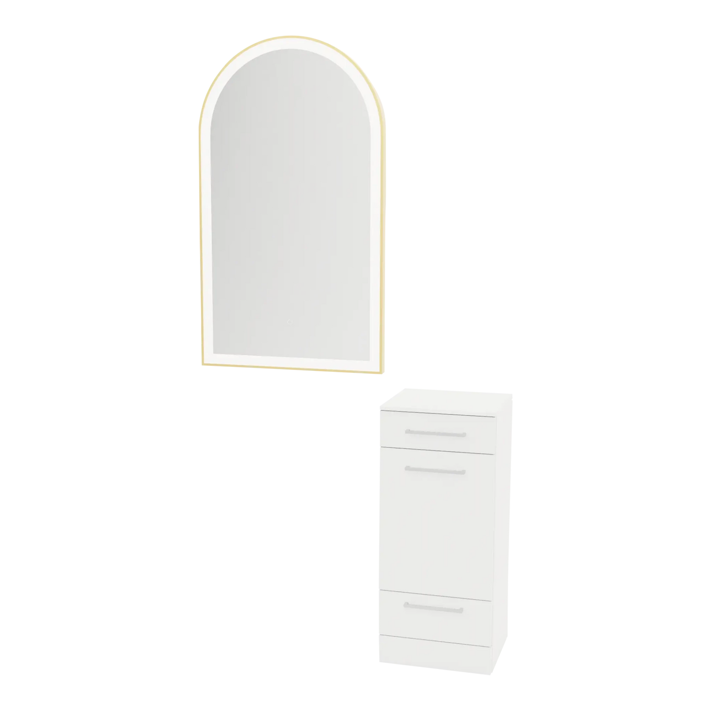 Rococo Mobile Styling Station with Tilt-out Appliance Holder, Solid Surface Countertop, and Gold Arch Paloma Mirror - Kaemark