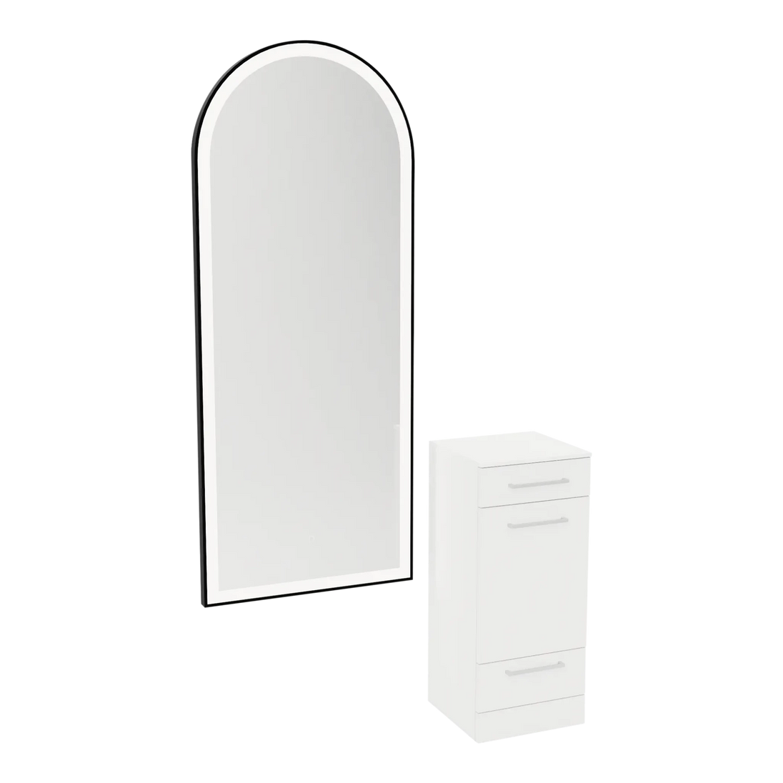 Rococo Mobile Styling Station with Tilt-out Appliance Holder, Solid Surface Countertop, and Black Full-Length Arch Paloma Mirror - Kaemark