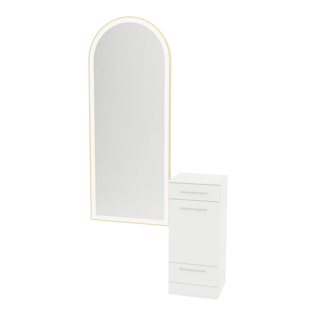 Rococo Mobile Styling Station with Tilt-out Appliance Holder, Solid Surface Countertop, and Gold Full-Length Arch Paloma Mirror - Kaemark
