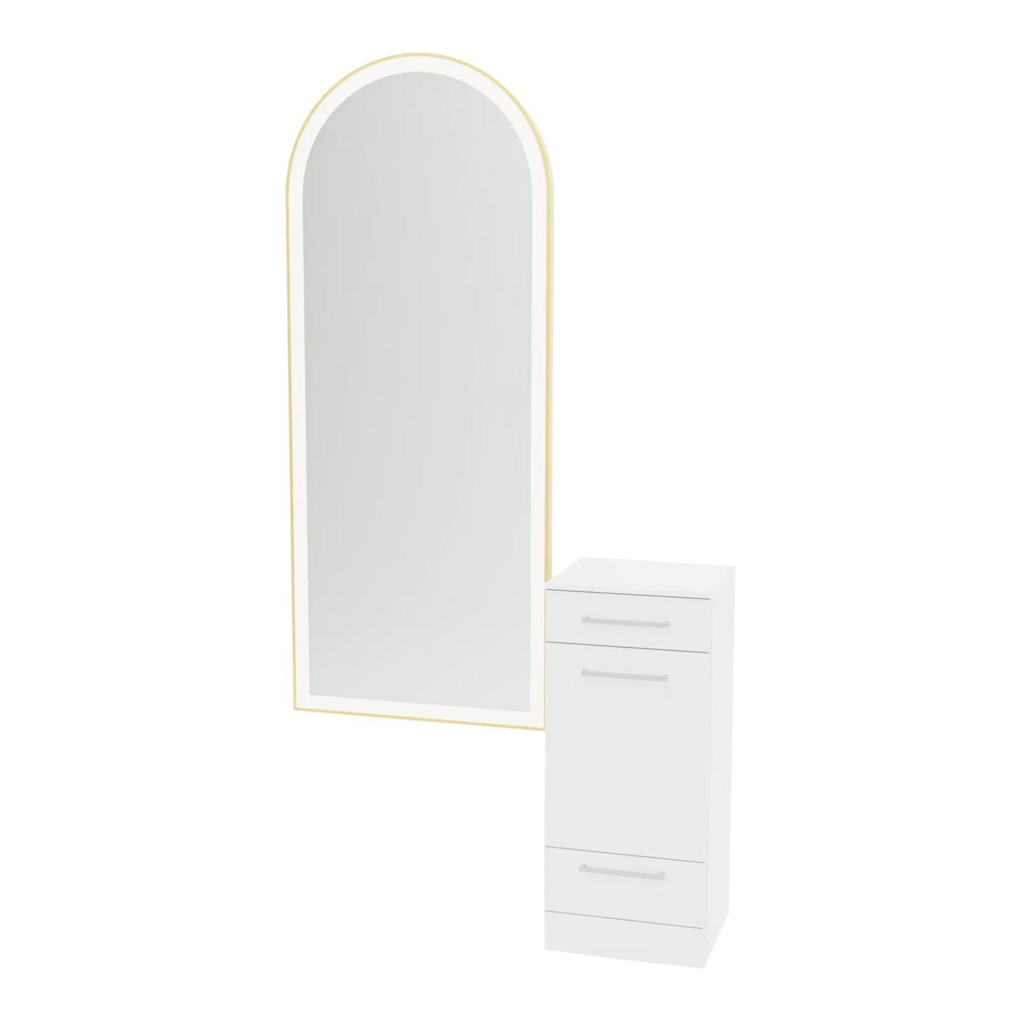 Rococo Mobile Styling Station with Tilt-out Appliance Holder, Solid Surface Countertop, and Gold Full-Length Arch Paloma Mirror - Kaemark