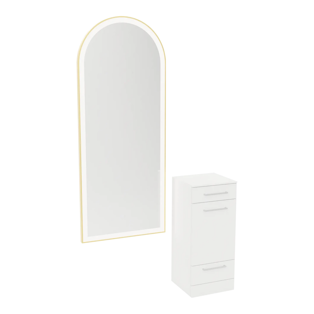 Rococo Mobile Styling Station with Tilt-out Appliance Holder, Solid Surface Countertop, and Gold Full-Length Arch Paloma Mirror - Kaemark