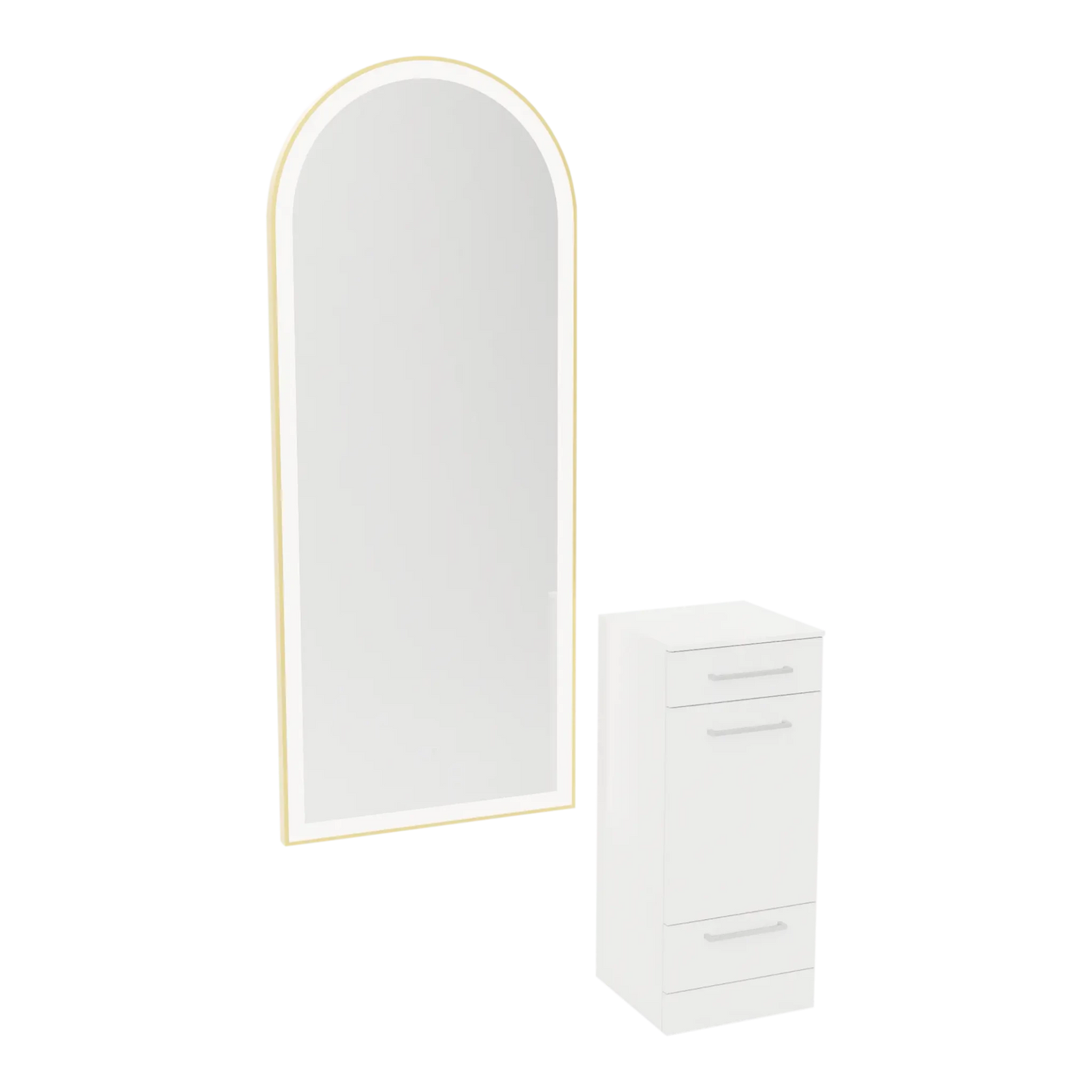 Rococo Mobile Styling Station with Tilt-out Appliance Holder, Solid Surface Countertop, and Gold Full-Length Arch Paloma Mirror - Kaemark