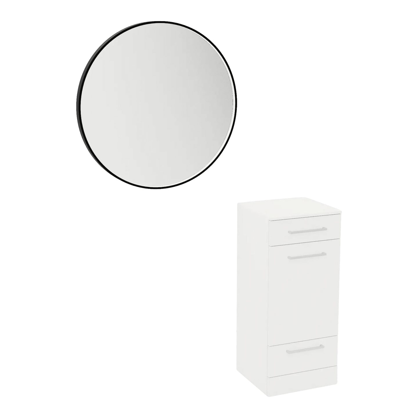 Rococo Mobile Styling Station with Tilt-out Appliance Holder, Solid Surface Countertop, and Black Round Westin Mirror - Kaemark