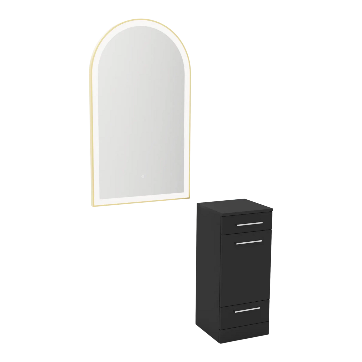 Rococo Mobile Styling Station with Tilt-out Appliance Holder and Gold Arch Paloma Mirror - Kaemark