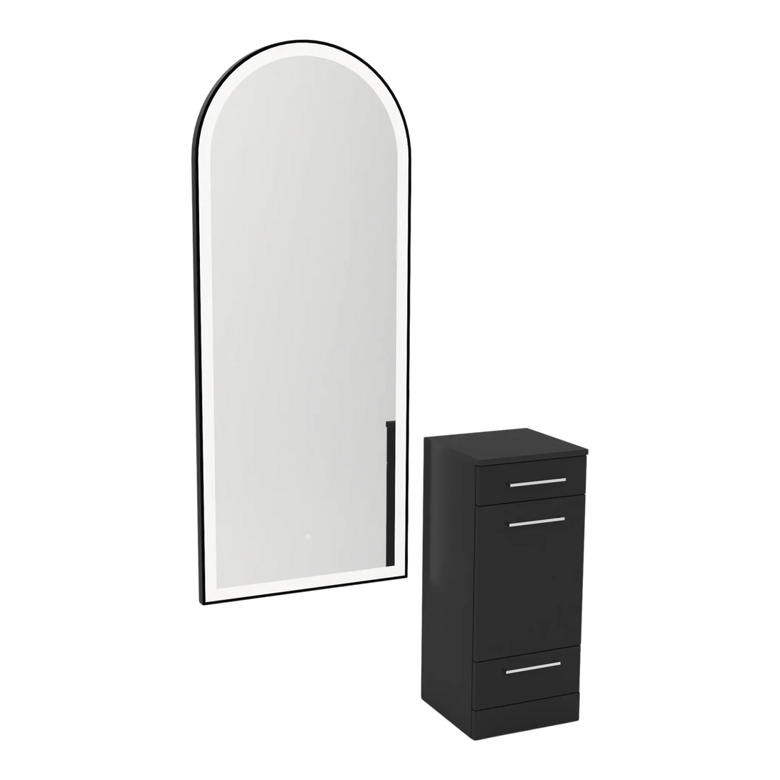 Rococo Mobile Styling Station with Tilt-out Appliance Holder and Black Full-Length Arch Paloma Mirror - Kaemark