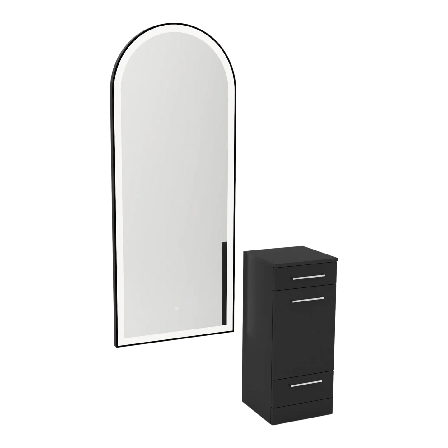 Rococo Mobile Styling Station with Tilt-out Appliance Holder and Black Full-Length Arch Paloma Mirror - Kaemark