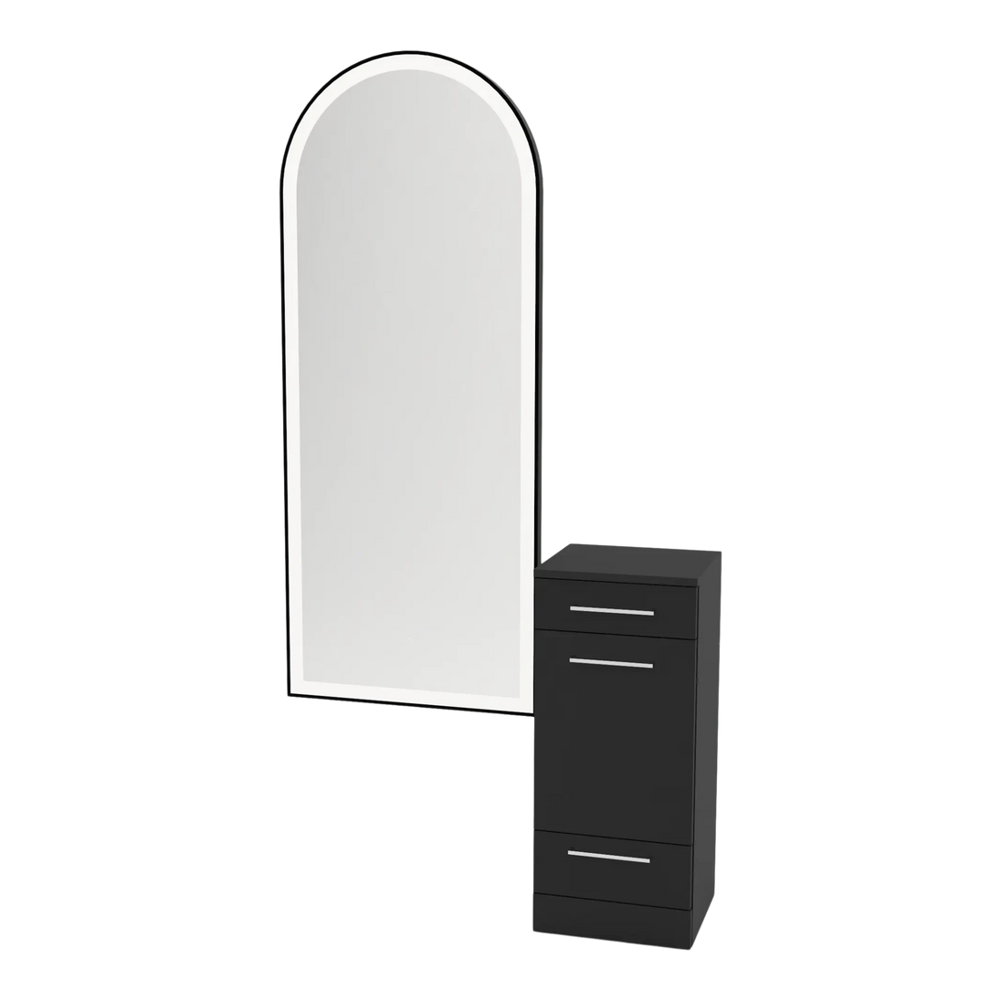 Rococo Mobile Styling Station with Tilt-out Appliance Holder and Black Full-Length Arch Paloma Mirror - Kaemark
