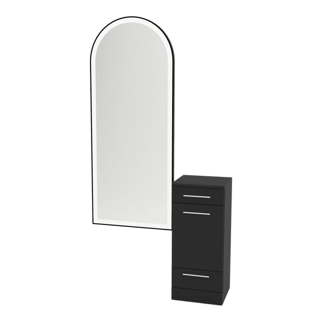 Rococo Mobile Styling Station with Tilt-out Appliance Holder and Black Full-Length Arch Paloma Mirror - Kaemark