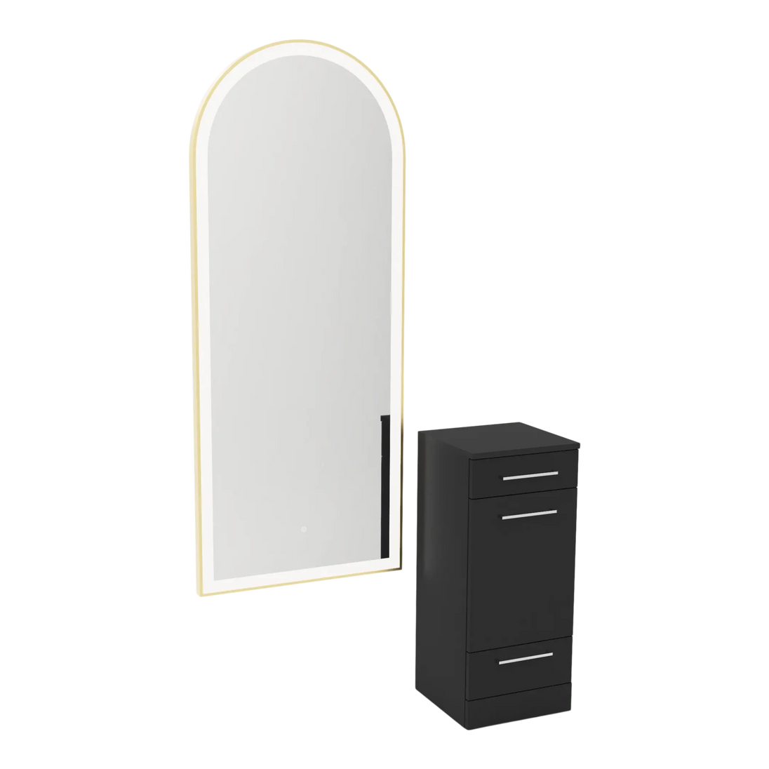 Rococo Mobile Styling Station with Tilt-out Appliance Holder and Gold Full-Length Arch Paloma Mirror - Kaemark