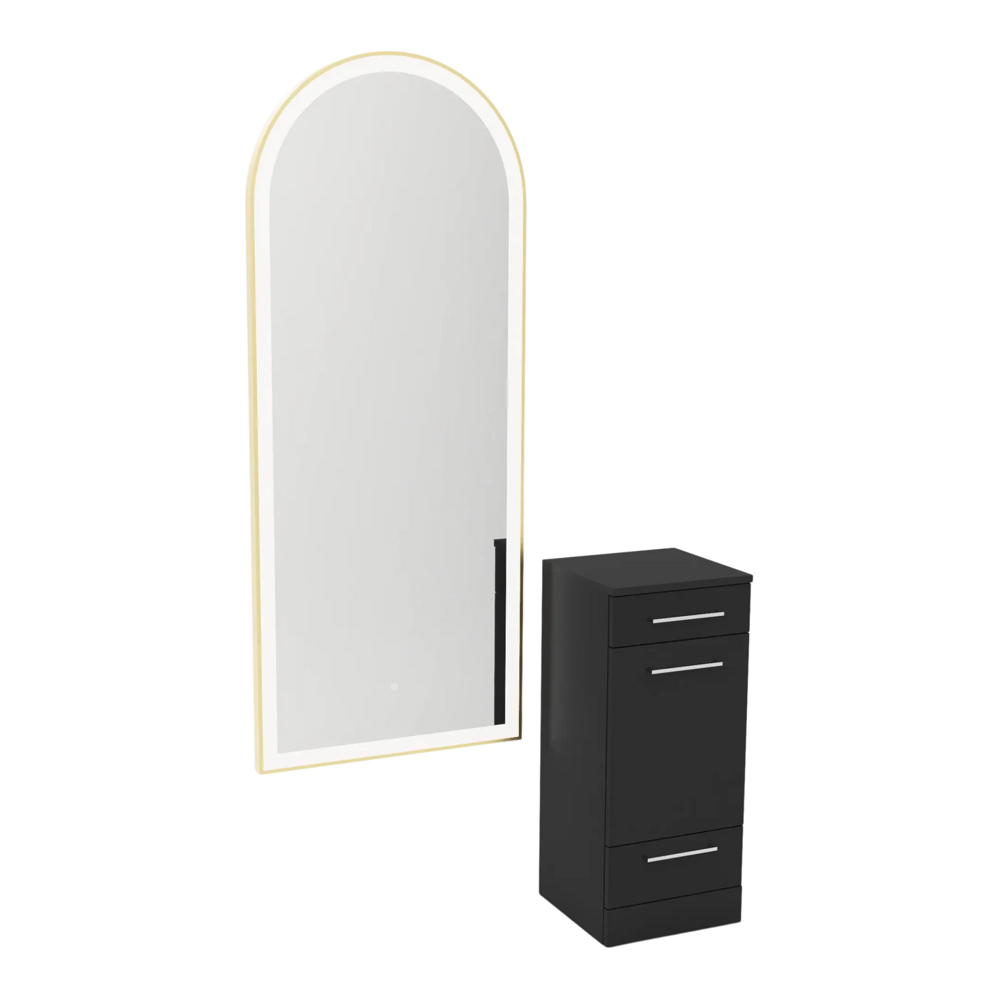 Rococo Mobile Styling Station with Tilt-out Appliance Holder and Gold Full-Length Arch Paloma Mirror - Kaemark