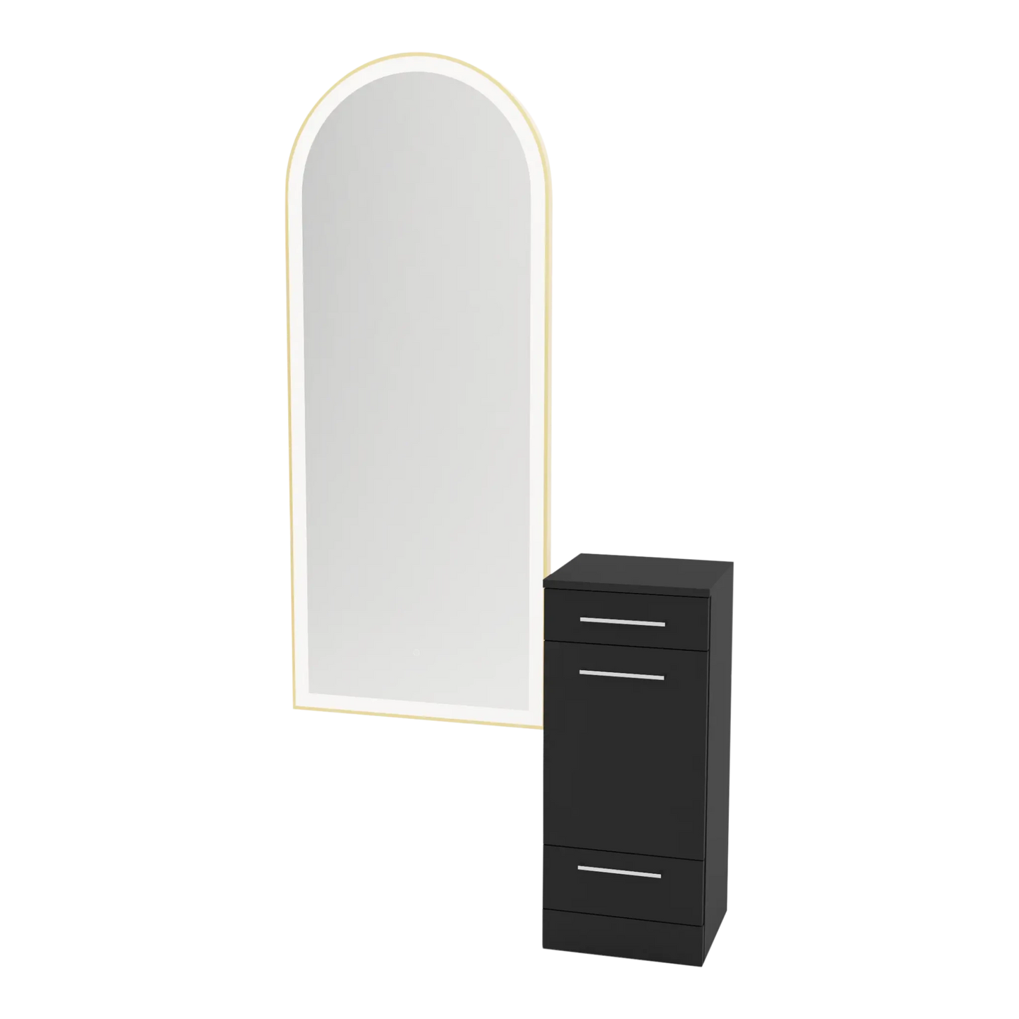 Rococo Mobile Styling Station with Tilt-out Appliance Holder and Gold Full-Length Arch Paloma Mirror - Kaemark