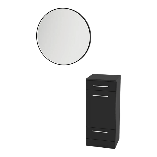 Rococo Mobile Styling Station with Tilt-out Appliance Holder and Black Round Westin Mirror - Kaemark