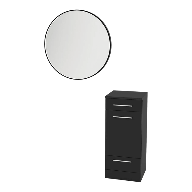 Rococo Mobile Styling Station with Tilt-out Appliance Holder and Black Round Westin Mirror - Kaemark