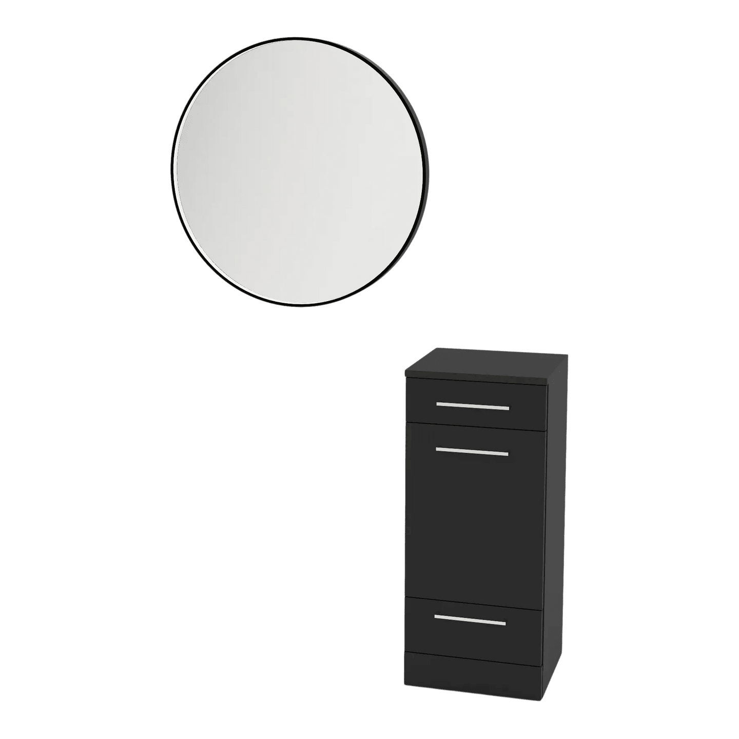 Rococo Mobile Styling Station with Tilt-out Appliance Holder and Black Round Westin Mirror - Kaemark