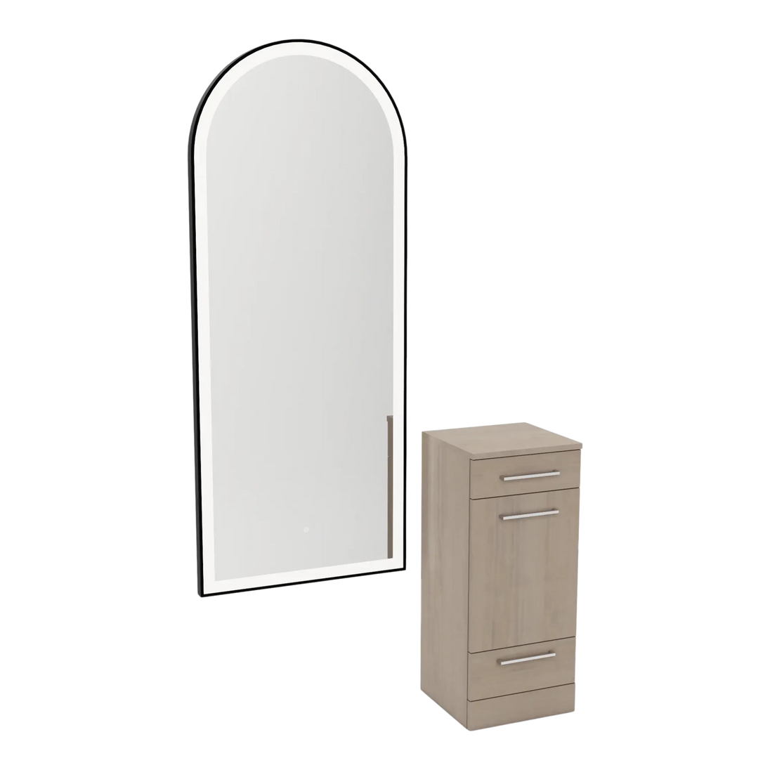 Rococo Mobile Styling Station with Tilt-out Appliance Holder and Black Full-Length Arch Paloma Mirror - Kaemark