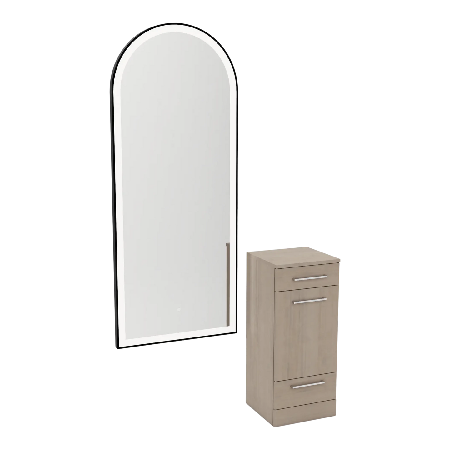 Rococo Mobile Styling Station with Tilt-out Appliance Holder and Black Full-Length Arch Paloma Mirror - Kaemark