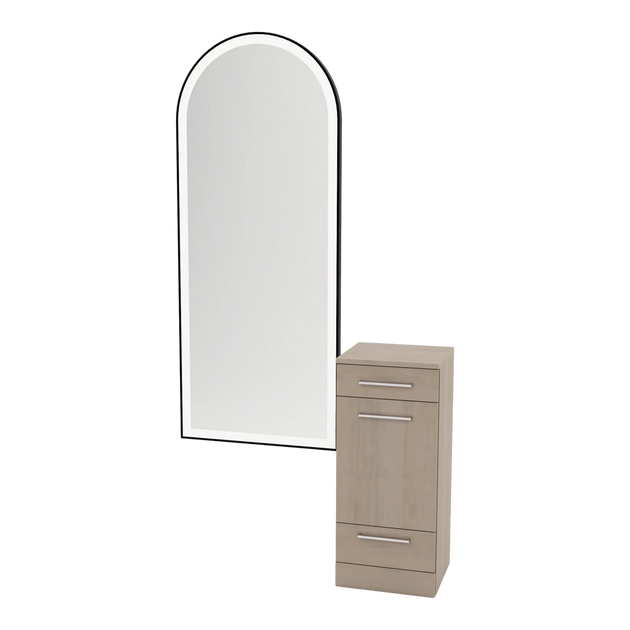 Rococo Mobile Styling Station with Tilt-out Appliance Holder and Black Full-Length Arch Paloma Mirror - Kaemark