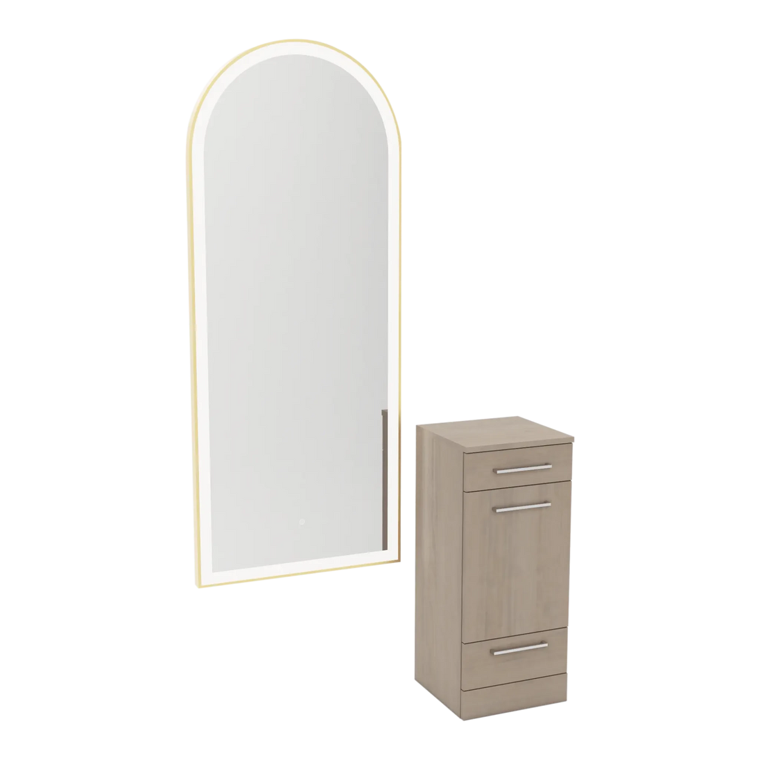 Rococo Mobile Styling Station with Tilt-out Appliance Holder and Gold Full-Length Arch Paloma Mirror - Kaemark
