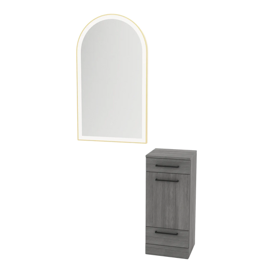 Rococo Mobile Styling Station with Tilt-out Appliance Holder and Gold Arch Paloma Mirror - Kaemark