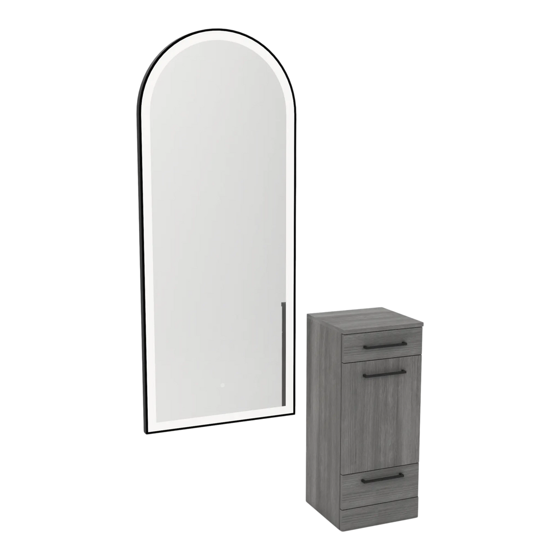 Rococo Mobile Styling Station with Tilt-out Appliance Holder and Black Full-Length Arch Paloma Mirror - Kaemark