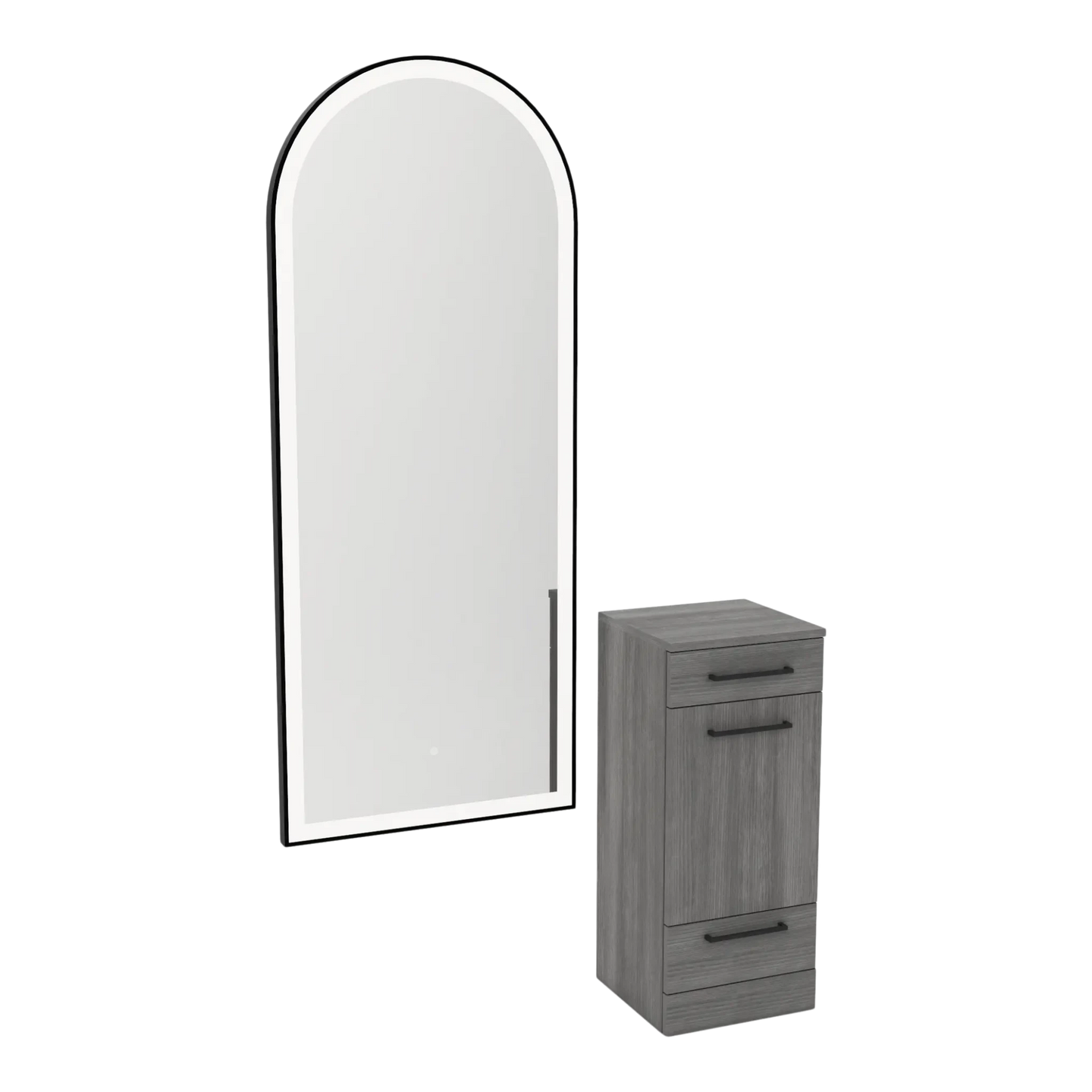Rococo Mobile Styling Station with Tilt-out Appliance Holder and Black Full-Length Arch Paloma Mirror - Kaemark