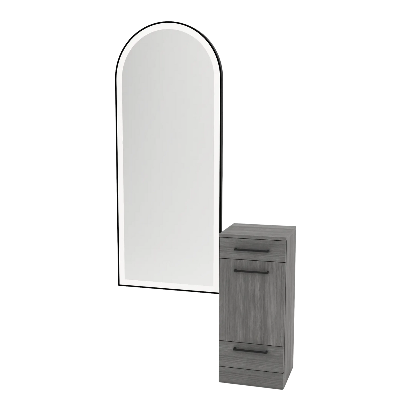 Rococo Mobile Styling Station with Tilt-out Appliance Holder and Black Full-Length Arch Paloma Mirror - Kaemark