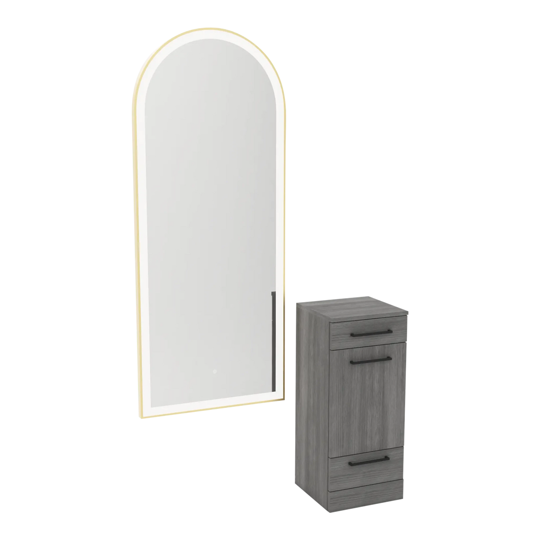 Rococo Mobile Styling Station with Tilt-out Appliance Holder and Gold Full-Length Arch Paloma Mirror - Kaemark